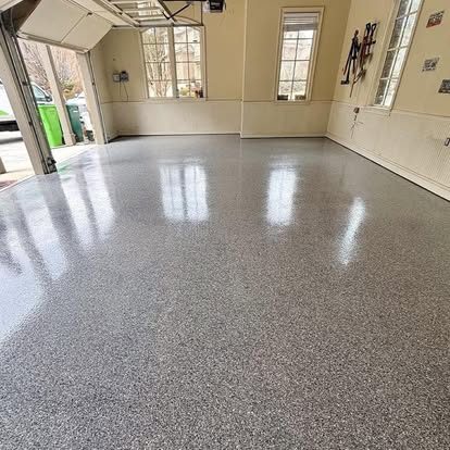 Two car garage with gray flake epoxy floor coating in Martinsburg, WV